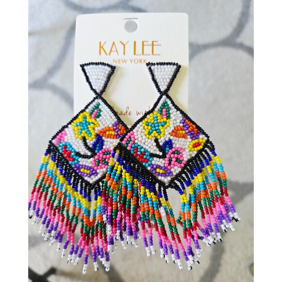 Kay Lee Colorful Beaded Floral Earrings New - Picture 1 of 3